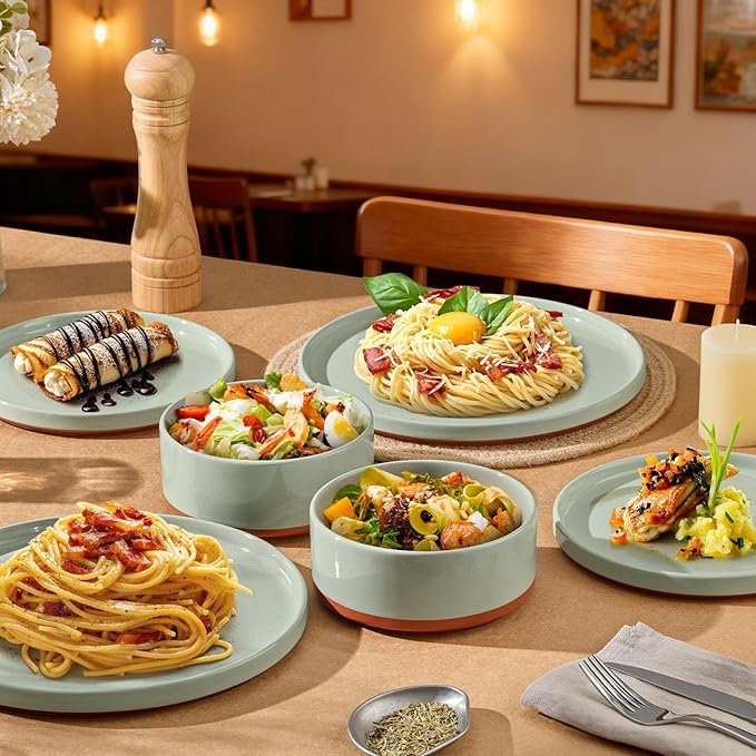 LIANYU 12 Piece Dinnerware Sets for 4 Modern Style Stoneware Dinnerware Set Scratch Resistant Dishwasher Safe Bowl and Plate Sets Ceramic Dish Dinner Set Laurel Green