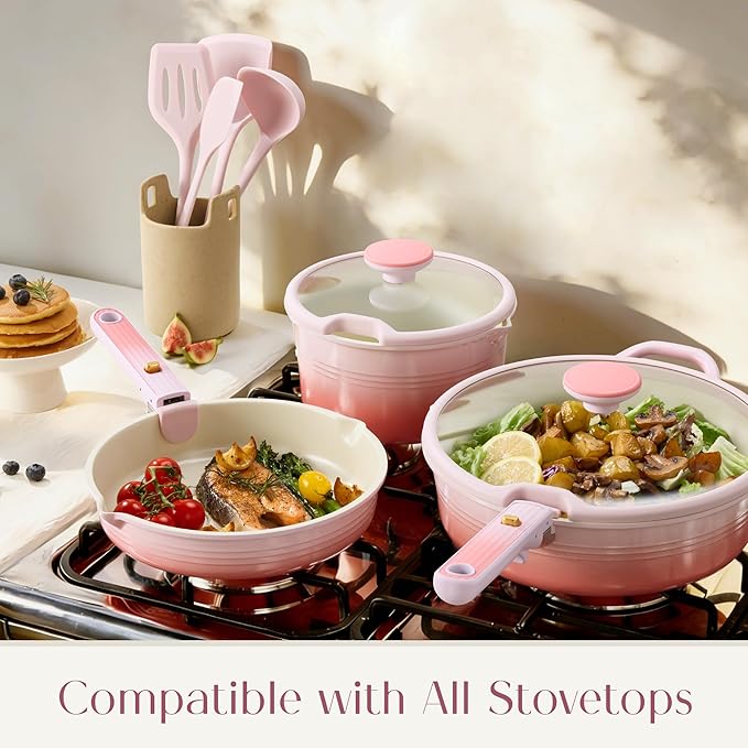 CAROTE 20Pcs Titanium Cookware Set Pots and Pans Set Non Stick Kitchen Cooking Set with Detachable Handle Non Toxic Induction Cookware Dishwasher/Oven Safe Pink