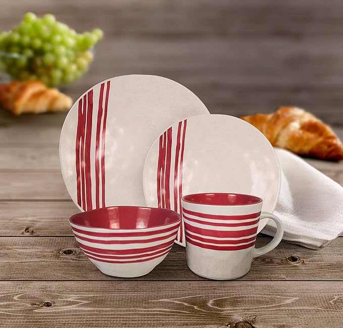 American Atelier Round Dinnerware Sets | Red &amp White Kitchen Plates Bowls and Mugs | 16 Piece Stoneware Bistro Collection 12 x 12 | Dishwasher &amp Microwave Safe | Service for 4