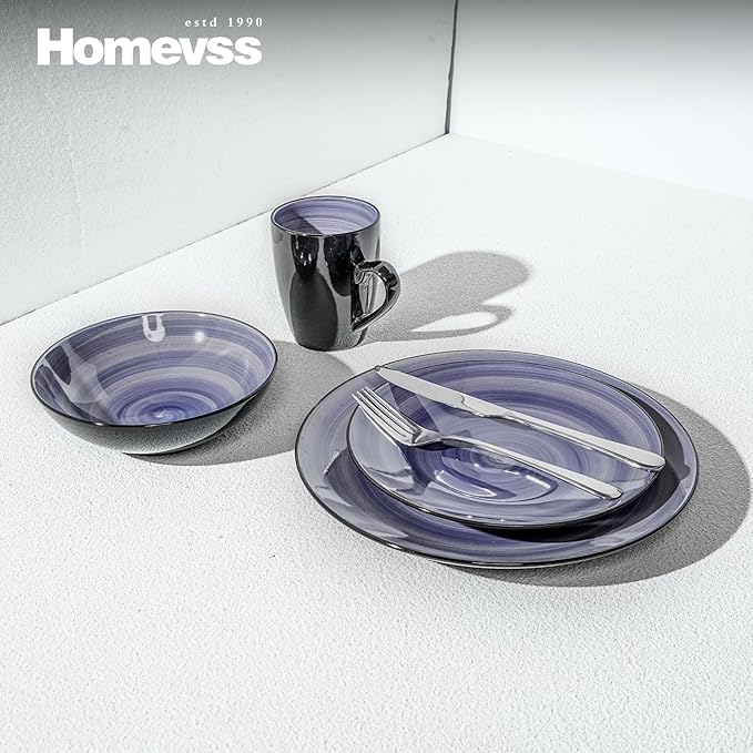 Sonoma Stoneware 16pc Dinnerware Set Outside Black + Inside Hand Painting Color Cobalt
