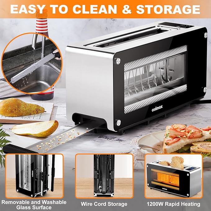 CUSIMAX Toaster 2 Slice Long Slot with Clear View Glass WindowOne Touch Digital Control Presets with Automatic LiftingSlide-out Glass Panel and Easy Clean Up Crumb Tray