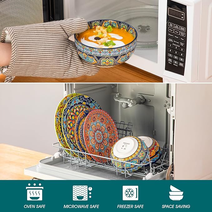 vancasso 18-Piece Dinnerware SetsCeramic Plates and Bowls Sets Service for 6 Bohemian Style Porcelain Dishes Set for 6 Microwave and Dishwasher Safe Scratch ResistantNon Toxic Series KRVI