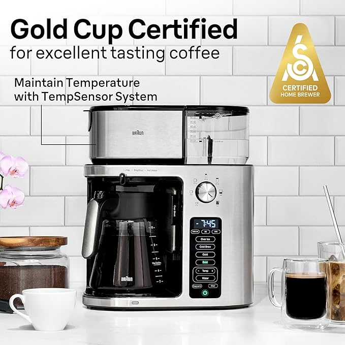 Braun MultiServe Plus 10-Cup Drip Coffee Maker - Hot &amp Cold Multi-Serve Brewer with Timer and Auto Start Hot Water Dispenser Over Ice Function Stainless Steel &amp Pod-Free Design KF9370SI