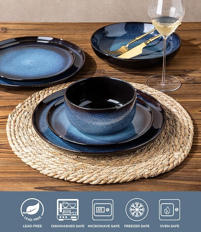 LERATIO Ceramic Dinnerware Sets with Pasta Bowls for 4Reactive Glaze Plates and Bowls SetsOven &ampMicrowave &amp Dishwasher SafeLight Weight &amp Scratch Resistant Dishes Sets-Service for 4 (16