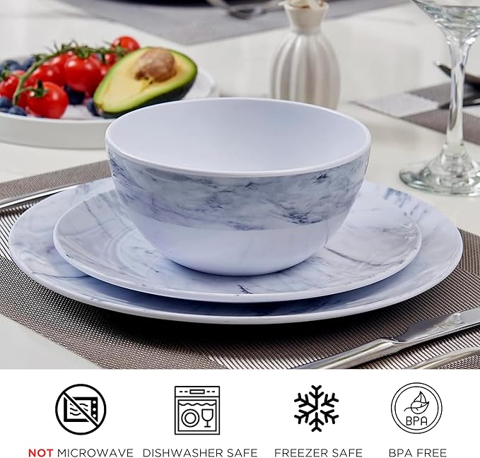 TP 12-Piece Melamine Dinnerware Sets Plates and Bowls Dishes Set for 4 Break-Resistant &amp Non-Microwavable Lightweight Dinner Plates Marble Pattern