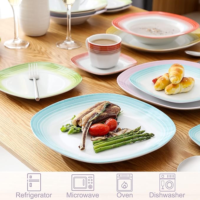 VEWEET Spark Series 30-Piece Dinner Set Ivory White China Ceramic Dinner Combi-Set with Dessert Plates/Soup Plates/Dinner Plates/Cups/Saucers Service for 6