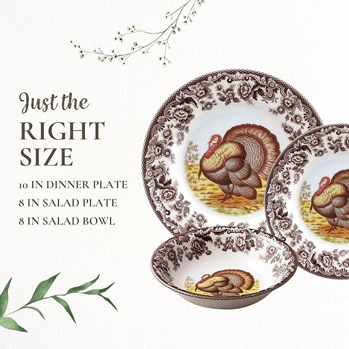 Spode Woodland 3-Piece Thanksgiving Dinnerware Set - Porcelain Plates &amp Bowl Fall Dinnerware Collection - Microwave &amp Dishwasher Safe - Elegant Autumn Tableware