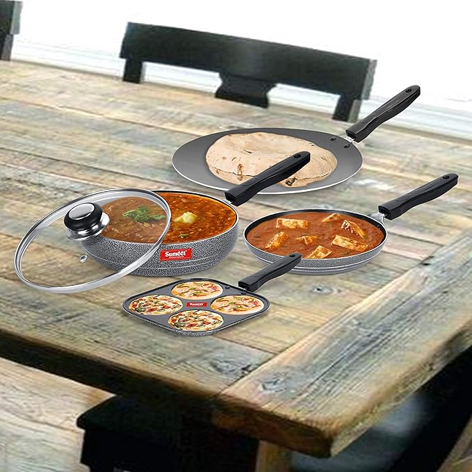 Sumeet NonStick Musta Cookware Set (Mini Multi Snack Maker - 4 Cavity -19.5cm + Frypan with Glass Lid - 1.5Ltr - 22Cm Dia + Tapper pan - 0.6Ltr - 20Cm Dia + Conceve/Roti Tawa - 28Cm Dia)