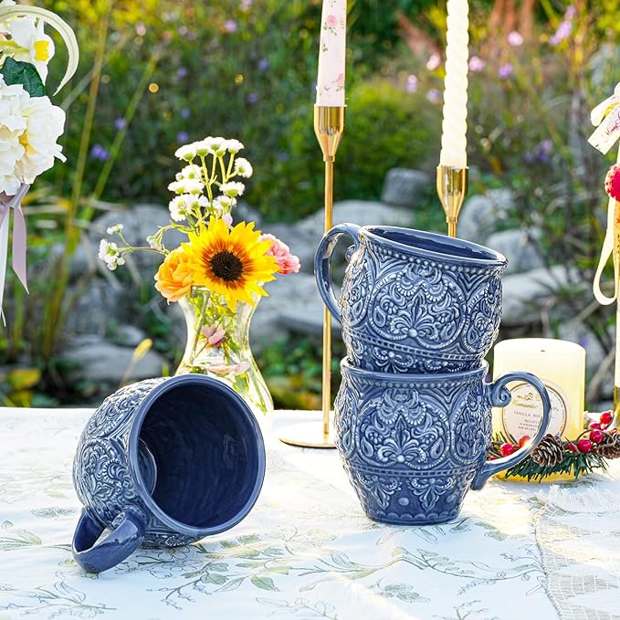 Sungmor Embossed Stoneware Fine Dining Dinnerware Antique Baroque Style Porcelain Coffee Mugs Set of 2 18oz Large Water Cups with Handles Sophisticated Rustic Ceramic Mugs for Tea Milk or Beer
