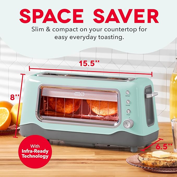 Dash Clear View Toaster - Features Large Window &amp Extra-Wide Slots - Auto-Shut Off Feature - Bagel Functions &amp Seven-Browning Levels - 1-Touch Defrost - Aqua
