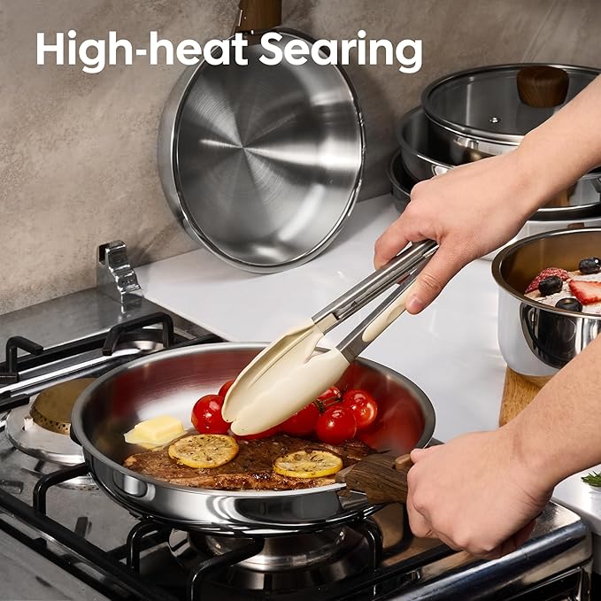 CAROTE 19pcs Stainless Steel Cookware Set with Detachable Handle Pots and Pans Set Induction Kitchen Cooking Sets RV/Camping Cookware Removable Handle Oven Safe Woodgrain