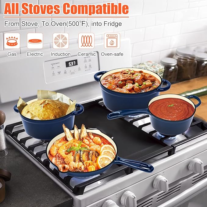QuliMetal Nonstick Enameled Cast Iron Cookware Set Frying Pan Skillet- 7-Pcs Pots and Pans with Lid Healthy Round Dutch Oven Pot for Sourdough Bread Baking Oven Safe up to 500° F or on All Stovetop