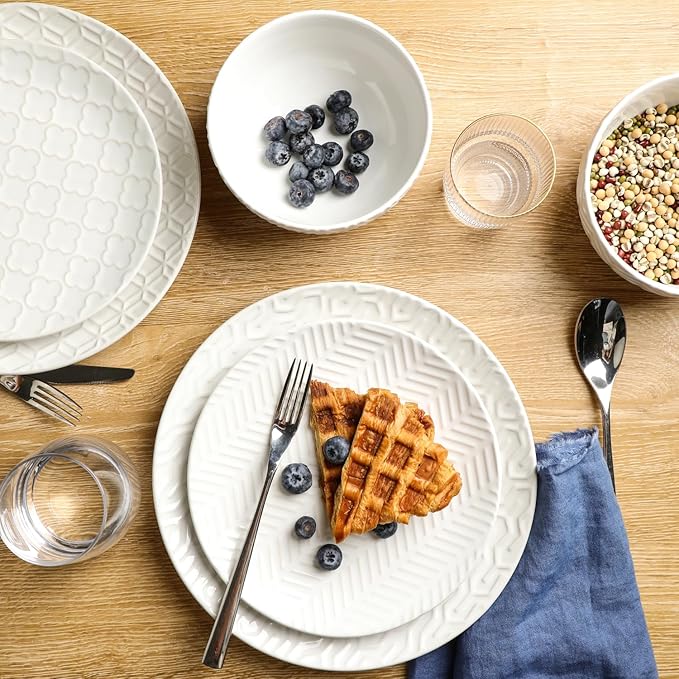 Sureasy Ceramic Dinnerware Sets for 8 24 Piece Embossed Plates and Bowls Sets Scratch Resistant Stoneware Dishes Set Dishwasher and Microwave Safe White