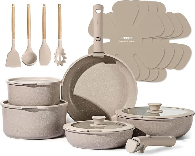 CAROTE 19pcs Pots and Pans Set Non Stick Nonstick Cookware Set Detachable Handle Induction Kitchen Cooking Sets with Removable Handle RV Kitchen Oven Safe Taupe