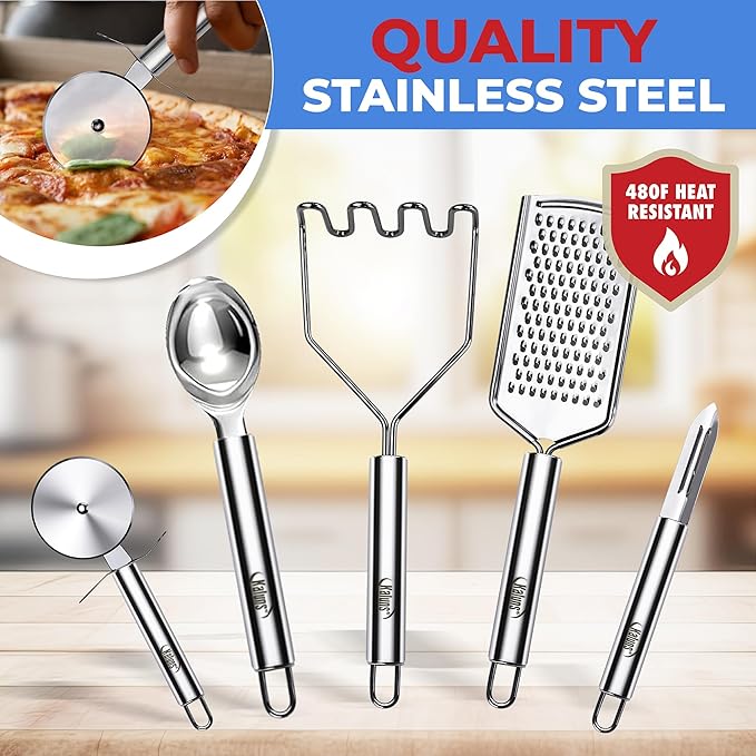 Kaluns 50 PCS Silicone Kitchen Utensils Set Complete Kitchen Set - 800°F Heat Resistant Non-Stick Premium Cooking Utensils W Wooden Handles - Can Opener Masher Turner Silicone Spatula Set