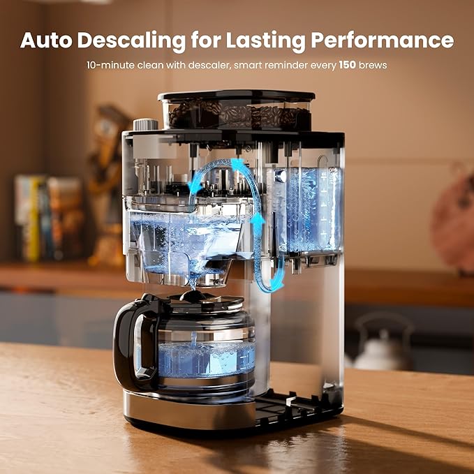 Kismile 10-Cup Digital Drip Coffee Maker with Built-In Grinder Programmable 12H Timer Keep-Warm Function Customizable Strength &amp Grind Size Coffee Machines with Smart LED Touchscreen