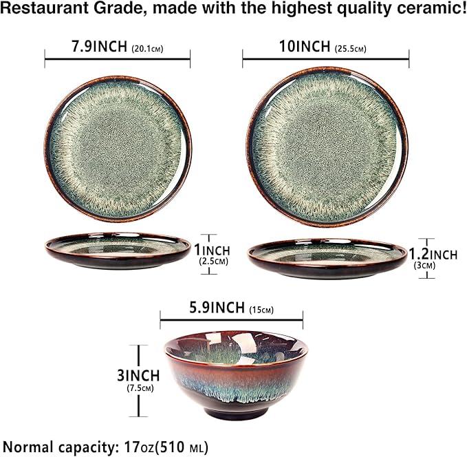 Dinner Set 12 Pieces - Round Reactive Glaze Tableware - Kitchen Dinnerware Porcelain Crockery with Dinner Plate Bowl and Soup Plate Service for 4 Microwave Dishwasher Safe Set (No.1)