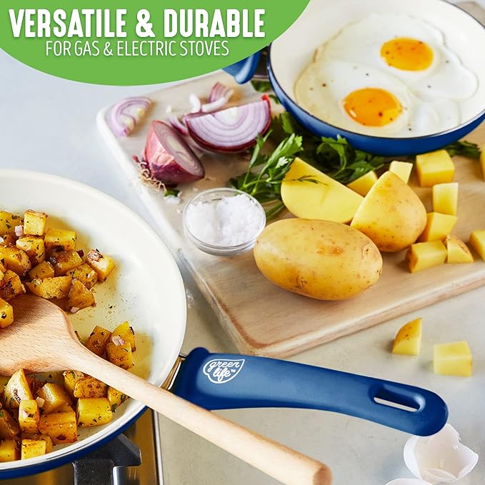 GreenLife Soft Grip Healthy Ceramic Nonstick 16 Piece Cookware Pots and Pans Set Blue &amp Soft Grip Healthy Ceramic Nonstick 7 and 10 Frying Pan Skillet Set PFAS-Free Dishwasher Safe Blue