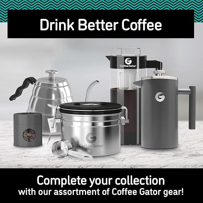 Coffee Gator 304 Grade Stainless Steel French Press Coffee Maker 34 oz Double Wall Insulated Teapot with 4-Level Filtration System Include Travel Jar Canister Rust-Free Dishwasher Safe Silver