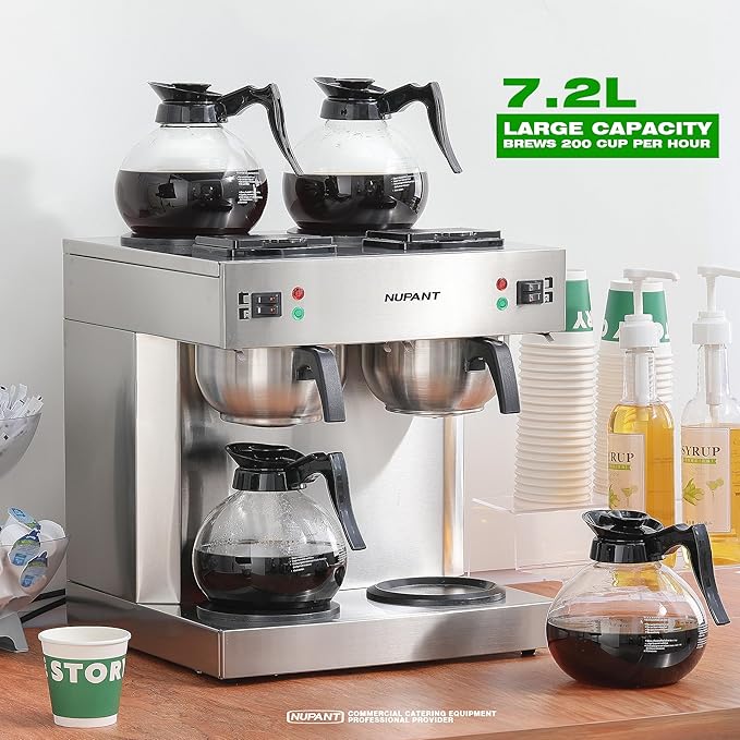 Dual Drip Commercial Coffee Maker 200 Cup/hour 7.2L Pour Over Coffee Machine with 4 Glass Carafe and 4 Warmers Stainless Steel Double Coffee Brewer Staition for Restaurant and COFFEE Bar