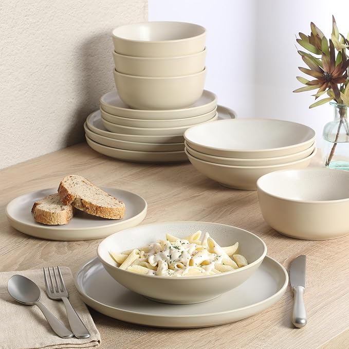 Gibson Elite Tribeca Loft 16-Piece Dinnerware Set – Matte Cream and White Reactive Glaze Stoneware Double Bowl Round Plates and Bowls – Modern Neutral Tableware for 4 Dishwasher &amp Microwave Safe