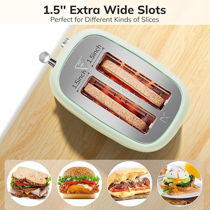 2 Slice Stainless Steel Toaster Retro with 6 Bread Shade Settings Bagel Cancel Defrost Function Extra Wide Slot Removable Crumb Tray Green