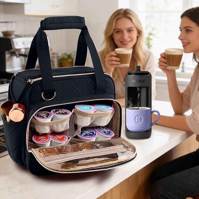 BAGSPRITE Coffee Maker Travel Bag Compatible with Keurig K-Mini Mate Full Open Carrying Case with Quilted Padded Soft Microfiber K--Cup Single Serve Coffee Maker Bag with Pod Organizer Mug Pockets