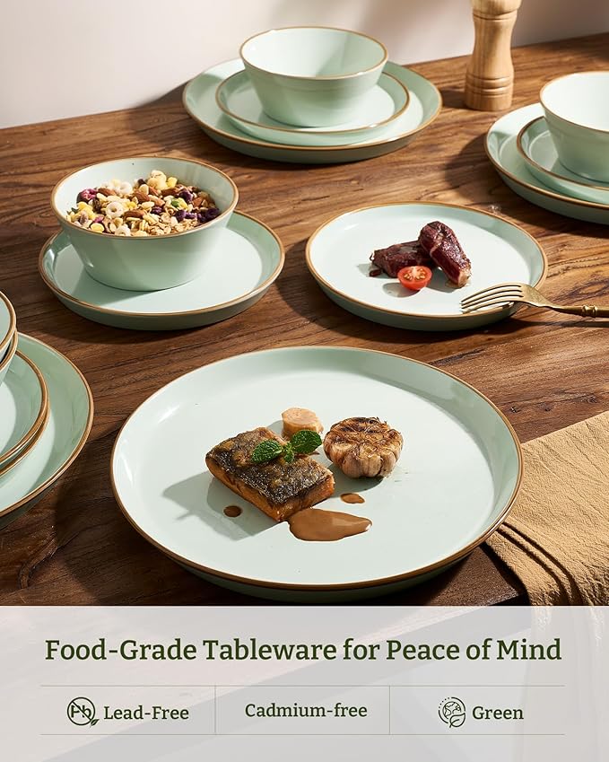 Famiware Saturn Dinnerware Sets Plates and Bowls Sets for 4 12 Pieces Stoneware Dish Set - Chip and Scratch Resistant Microwave and Dishwasher Safe Tableware Set Light Green with Rim