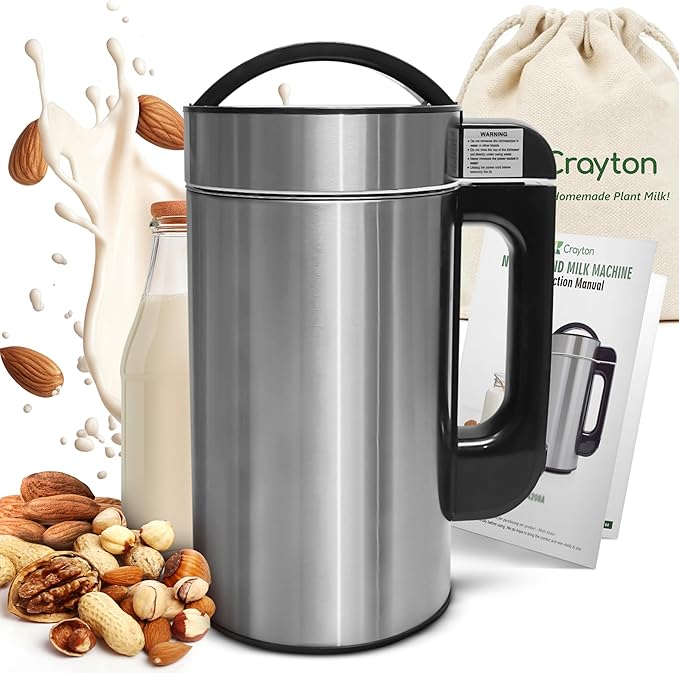 Crayton Nut Milk Maker Machine with Built-in Strainer 51oz/ 1.5L Stainless Steel Almond Milk Maker for Soy Almond Oat Cashew Nut Milks &amp More 7-in-1 Multi-Functional 6-7 Cups Per Batch 120V
