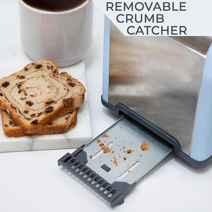 Rae Dunn Toaster Stainless Steel 2 Slice Square Toaster Wide Slot with 5 Browning Levels with Bagel Defrost and Cancel Options (Baby Blue)
