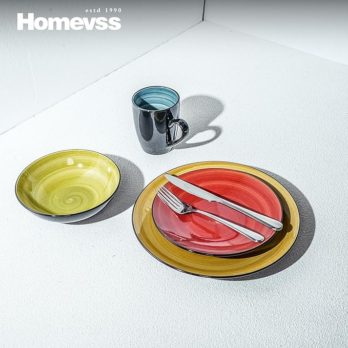 Sonoma 16 Piece Stoneware Dinner Set Outside Black + Inside Handpainted Mixed Colors Blue Green Red Yellow with speckle