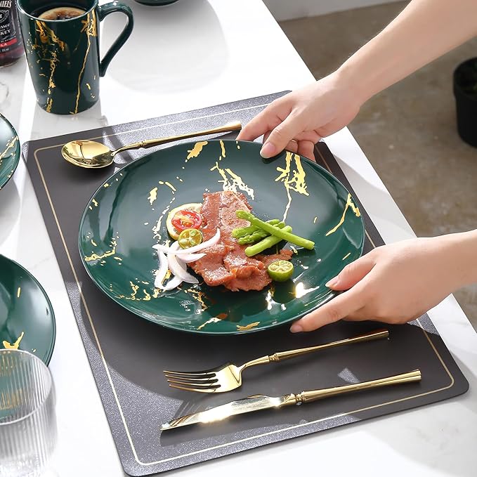 Modern Porcelain 16 Piece Green Dinnerware SetPlates and Bowls SetsGold Dish Set for 4Green Dinnerware SetDinner Sets with Dinner Plates.