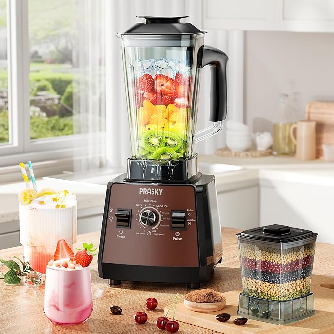 Blenders for Kitchen Smoothie Blender 2400W/1000W Prasky Blender &amp Grinder Combo 25000 RPM High Speed 68oz BPA-Free Food Processor Countertop Blender for Smoothies Shakes &amp Food (Brown
