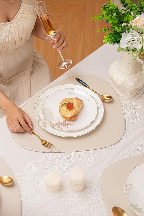 Artistic Bone China Dinnerware Set with Gold Trim Crafted with Traditional Chinese Artistry Glazed Inner Patterns Service for 4 – Maple Leaf Collection
