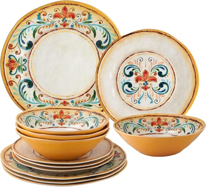 UPware 12 Piece Tuscany Melamine Dinnerware Sets Outdoor Dishes Set Plates and Bowls Sets Service for 4 Multicolor
