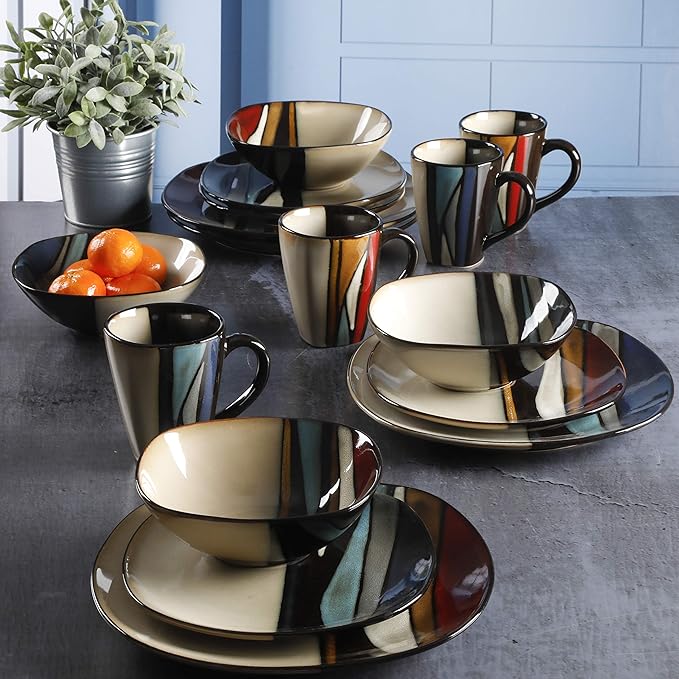Gibson Elite Althea 16-Piece Teal Reactive Glaze Dinnerware Set – Service for 4 Durable Stoneware Plates and Bowls
