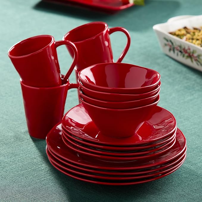 Berry Red Christmas 16pc Dinnerware Set Stoneware Holiday Tableware Service for 4 with Plates Mugs &amp Bowls Mix and Match with Holly and Vines for a Festive Christmas Table