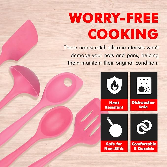 Chef Craft - Premium Silicone Kitchen Tools and Utensils Set Non-Scratch Withstands Temperatures up to 450°F BPA-Free 5 Piece Cooking Utensils Set Pink
