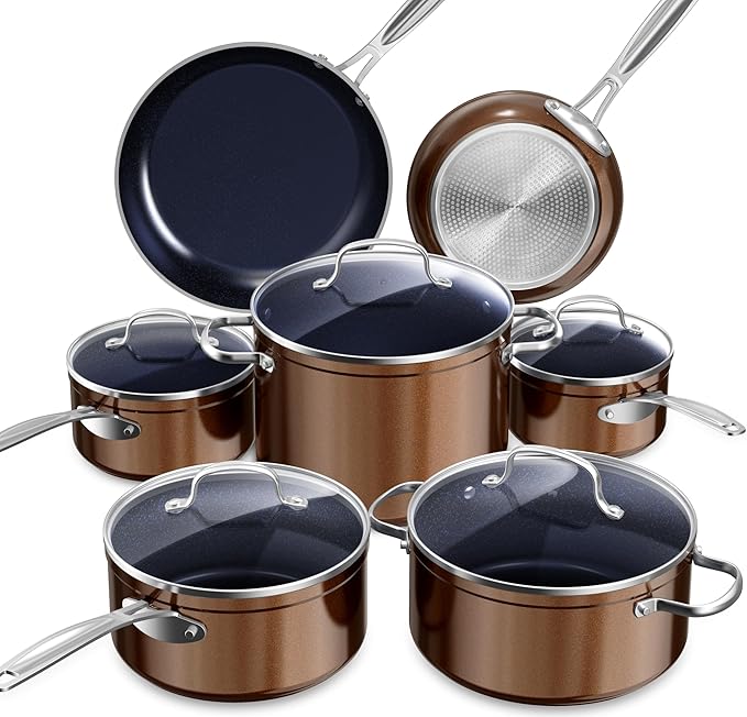 Nuwave Healthy Duralon Blue Ceramic Nonstick Cookware Set Diamond Infused Scratch-Resistant PFAS Free Dishwasher &amp Oven Safe Induction Ready &amp Evenly Heats Tempered Glass Lids &amp Stay-