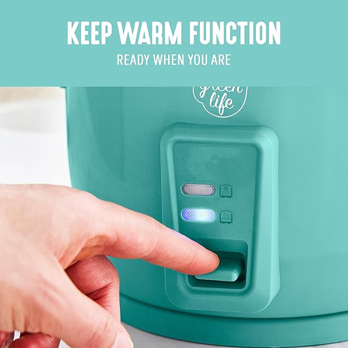 GreenLife Rice Cooker with Removable PFAS-Free Ceramic Nonstick Pot 3-Cups Uncooked/6-Cups Cooked Grains &amp Oatmeal Multicooker Compact One-Switch Design Auto Keep Warm Easy Clean Turquoise