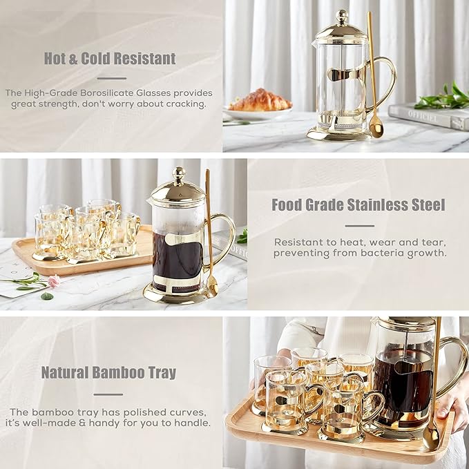 DUJUST Gold French Press Set with 6 Cups &amp 1 Tray Luxury Design Coffee Maker Set with 4-Level Filter System Hot&ampCold Resistant Glass French Coffee Press Set Well Packed Holiday Gift &amp