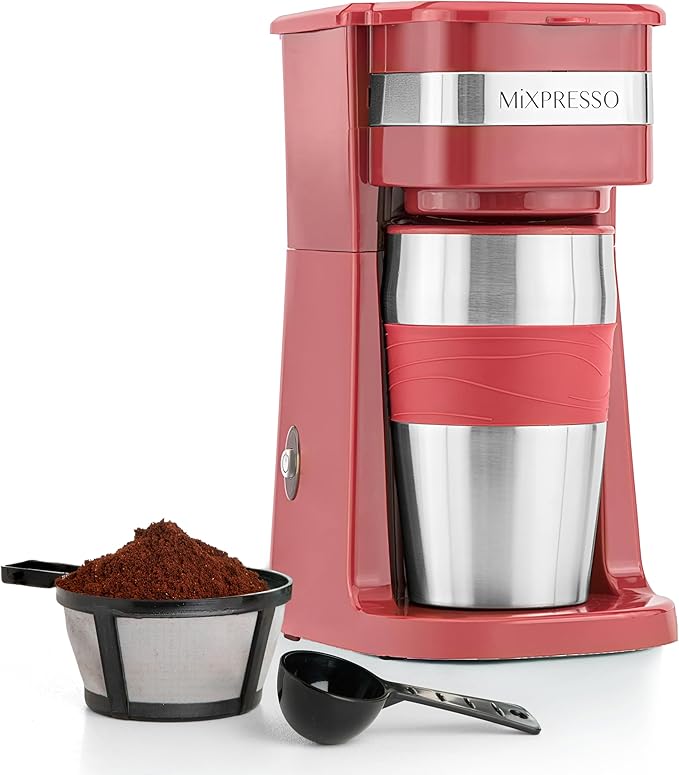Mixpresso Red Personal Single Serve Coffee Maker with 14oz Travel Mug Drip Small Coffee Maker with Auto Shut Off Reusable Filter Works with Ground Coffee Only – Not for K-Cup Pods