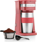 Mixpresso Red Personal Single Serve Coffee Maker with 14oz Travel Mug Drip Small Coffee Maker with Auto Shut Off Reusable Filter Works with Ground Coffee Only – Not for K-Cup Pods