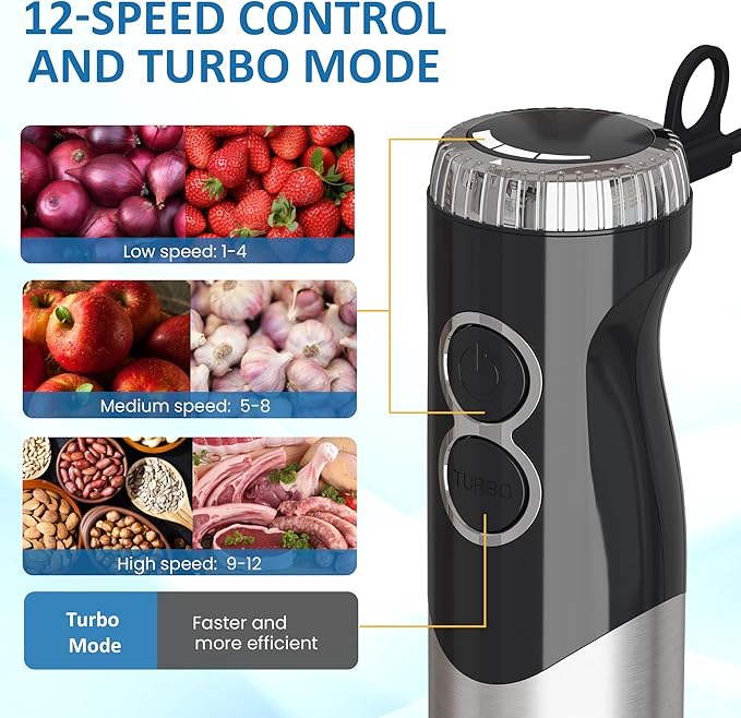 6 in 1 Professional Immersion Blender Heavy Duty Hand Blender with 12-Speed &amp 10 Attachments 20OZ Food Chopper Stainless Steel Whisk Milk Frother Electric Stick Mixer