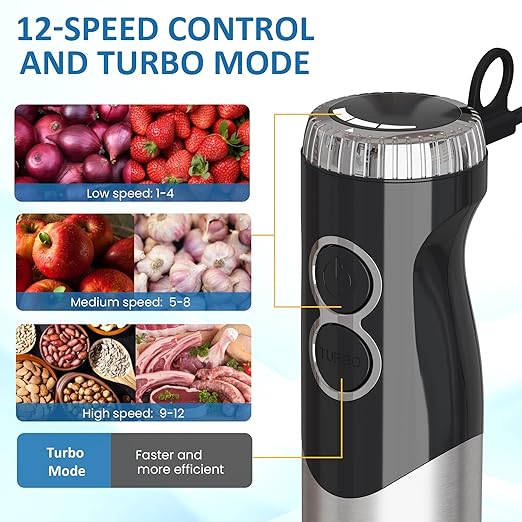 Professional Immersion Blender: 1000W 12-Speed Heavy Duty Hand Blender with 10 Attachments 600ML Food Chopper Stainless Steel Whisk Milk Frother for Commercial Use