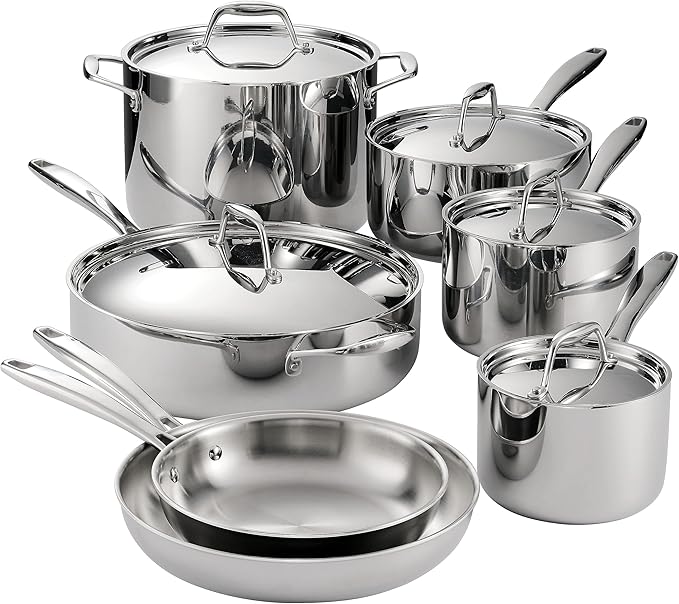Tramontina Signature Tri-Ply Clad Stainless Steel 12-Piece Cookware Set with Lids Pots and Pans Kitchen Set Induction-Ready Dishwasher-Safe NSF-Certified Made in Brazil