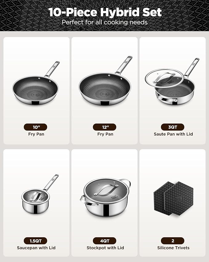 Pots and Pans Set Hybrid Stainless Steel 10PC Nonstick Tri-Ply Cookware Set w/Frying pan Dishwasher &amp Oven Safe PFOA-Free Metal Utensil Safe Suitable for All Cooktops