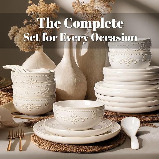 Artena Plates And Bowls Sets 24 Pieces Dinnerware Sets Dish Set For 6 Ceramic Kitchen Bowl And Plate Set Embossed White Dishware Sets Dishwasher &amp Microwave Safe (Damask Floral)