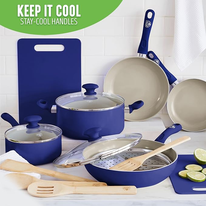 GreenLife Sandstone Healthy Ceramic Nonstick 15 Piece Kitchen Cookware Pots and Frying Sauce Pans Set PFAS- Free Dishwasher Safe Blue