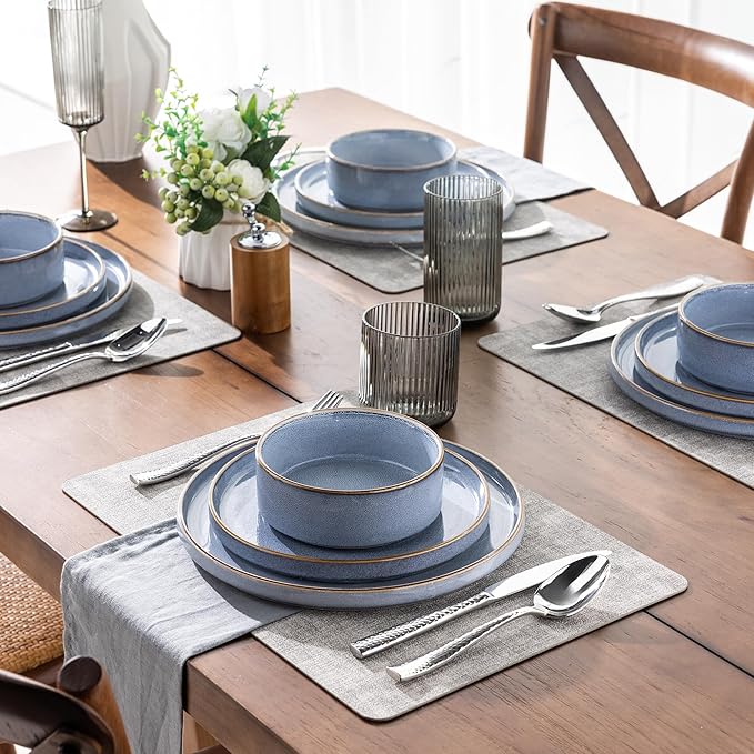 GBHOME Ceramic Dinnerware Sets for 4 12 Pieces Stoneware Plates and Bowls Sets Reactive Glaze Dishes -Scratch Resistant Dishwasher&ampMicrowave Safe-Brunnera Blue